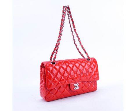 Chanel Red Quilted Patent Leather Classic  Double Flap 26 Bag. Silver tone hardware,  interior of red leather with zippered a