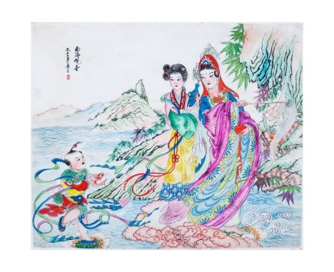 A Chinese Enamel Painted Porcelain Plaque. Measures 13-7/8" H x 16-1/2" W. Domestic Shipping: $135.00