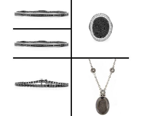 Five (5) Pieces Sterling Silver And Black Diamond Fashion Jewelry. Includes Bangle Bracelets, Line Bracelet, Ring, Pendant Ne