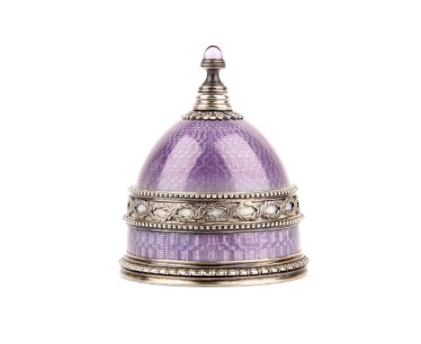 Russian Faberge Guilloche Enamel and 88 Silver Perfume Bottle with Cabochon Amethyst Accented Stopper. Stamped with 88 silver