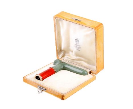 Russian Faberge Nephrite Jade, 56 (14K) Rose Gold, Diamond and Guilloche Enamel Cane Handle in Fitted Box. Signed, stamped 56