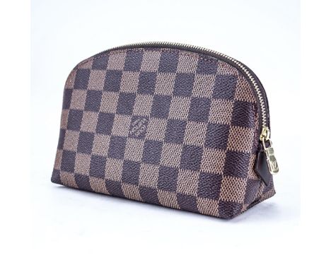 Louis Vuitton Damier Ebene Brown Coated Canvas Cosmetic Pouch. Golden brass hardware. Red leather interior with patch pocket.