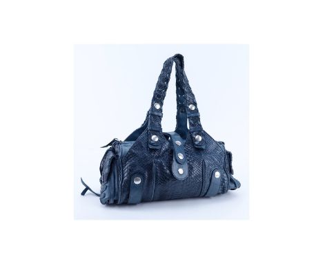 Chloe Petrol Blue Python And Leather Silverado PM Handbag. Brushed silver tone hardware, beige canvas interior with zippered 
