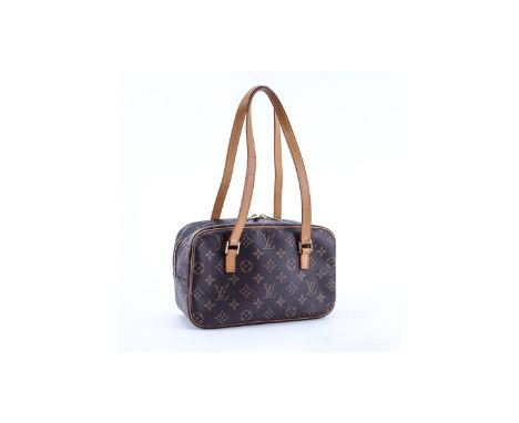 Louis Vuitton Brown Monogram Coated Canvas Cite MM Handbag. Golden brass hardware, brown interior with patch pockets, vachett