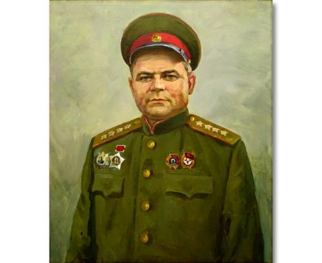 20th Century Russian Oil On Canvas, Portrait Of Commander Nikolai Fyodorovich Vatutin (WWll), Inscribed And Dated 1960 En Ver