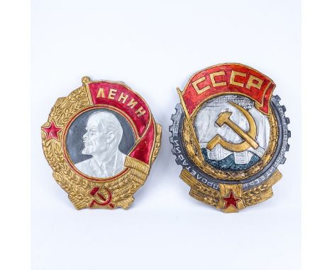 Grouping Of Two (2) Russian Soviet Era Propaganda Wall Hanging Art. Each Inscribed In Cyrillic, Image Of Lenin And Soviet Coa