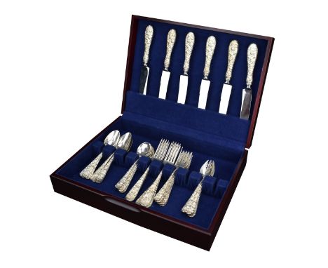 Thirty Nine (39) Piece Set Kirk Steiff Rose Sterling Flatware. Includes: 6 forks 7-3/8", 6 salad forks, 11 teaspoons, 5 cream