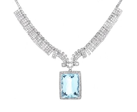 Art Deco Approx. 35.0 Carat Rectangular Shape Gem Quality Aquamarine, 10.0 Carat Round Diamond and Platinum Pendant Necklace.
