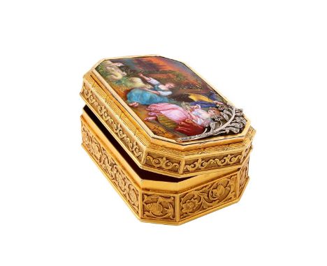 Very Fine 19th Century Continental Heavy 18  Karat Yellow Gold Snuff Box with Painted  Enamel Panel to Top Depicting a Bucoli