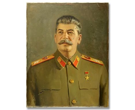 Vintage Oil On Canvas, Portrait Of Joseph Stalin, Unsigned. Inscribed In Cyrillic On Stretcher. Unframed On Stretcher Measure