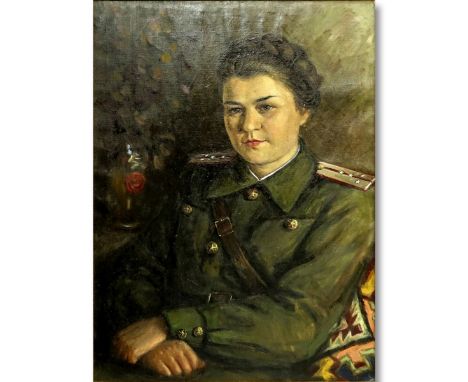 20th Century Russian Soviet Era Oil On Canvas, Portrait Of A Female Soldier From Stalingrad, Unsigned. Inscribed In Cyrillic 