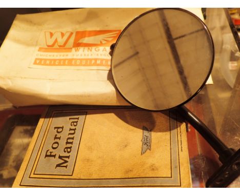 Vintage cast metal vanguard car wing mirror and a Ford manual 
