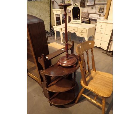 Small four shelf bookcase whatnot turned wood ashtray and a kitchen chair 