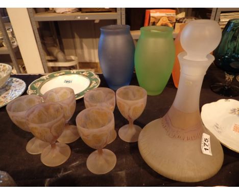 Unusual coloured decanter and six glasses 