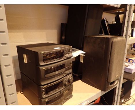 JVC stack system MXS600 with Technics speakers on a shelved wall bracket  CONDITION REPORT: The electrical items included in 