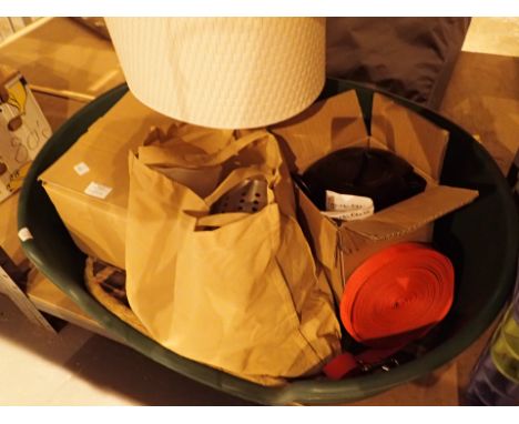 Mixed lot comprising plastic dog basket set of stacking step tools table lamp bag of kitchenware items Singature kettle and t