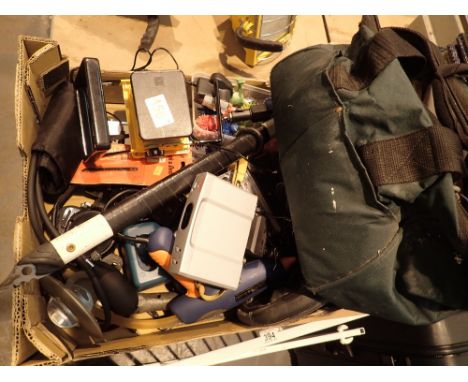 Box of electricals tools ice axe Matkita battery charger etc