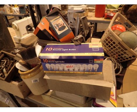 Selection of tools electricals light bulbs Stanley corner vice picnic stove etc 
