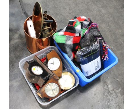 Two boxes of clock parts, outdoor rug, vintage blankets, metal lidded bucket etc