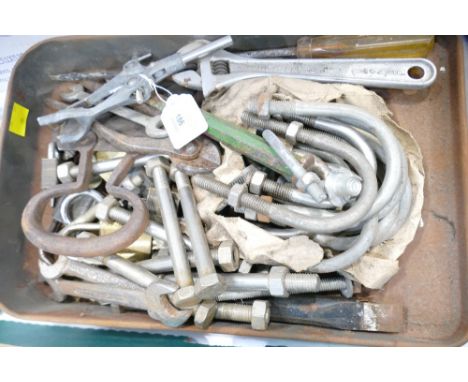 Metal tray, bolts, spanners, tools etc