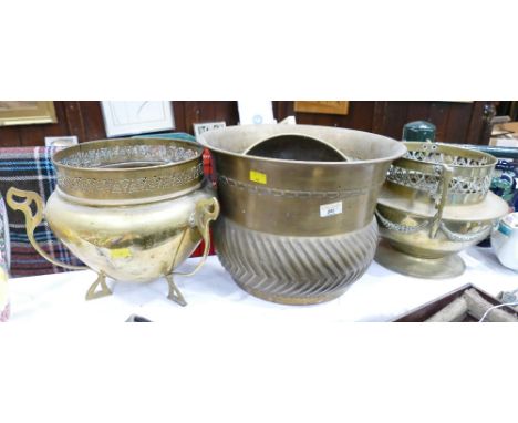 Large brass planter, bowl and two urn shaped brass vessels