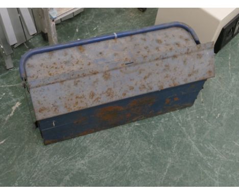 Vintage blue metal cantilever toolbox with quantity of hand tools   