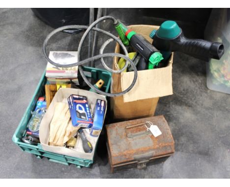 Three boxes of tools, locks, weed sprayer, vintage tin etc