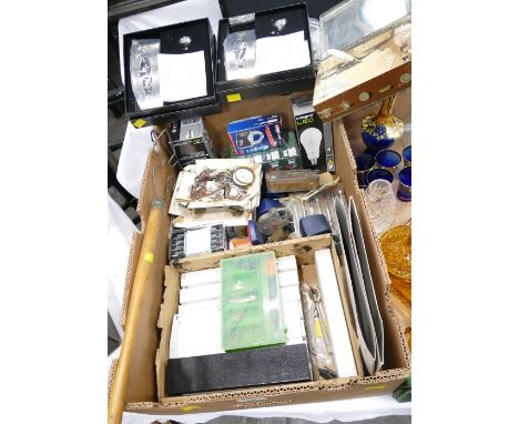 Box of vintage carpet beater, vintage tins, empty jewellery boxes, fishing tackle box, John Pierre Switzerland hip flask stan