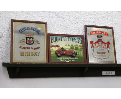 Wooden Bugatti Type 35 wall plaque, 50 cm x 40 cm, Chivas Regal Scotch Whisky advertising mirror and Smirnoff Vodka advertisi