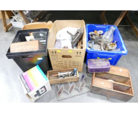 Four boxes of vintage wooden drawers, Cadburys Bournville Chocolate wooden adverting box, Polaroid Colour Pack 80 camera, vin