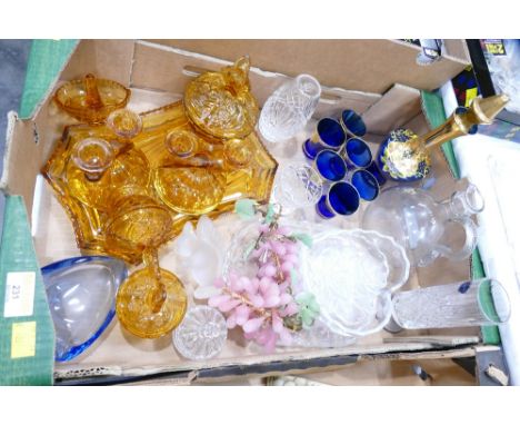 Box of orange glass dressing table set, mineral stone grape bunches, blue and gold painted glass spirit set, glass trinket di