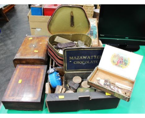 Box of vintage clock and watch parts, spectacle parts, tins, two wooden boxes 