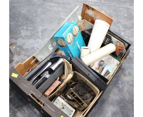 Box containing clock parts, Old Hall stainless steel, Dunlop tennis balls, school photographs, house sign etc 