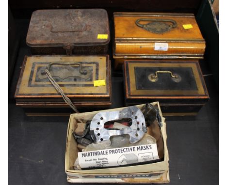 Four vintage tins, cash boxes and box of vintage clock and box of watch parts