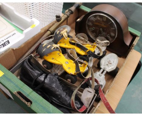 Box of vintage skates, some children's, Smith's Art Deco mantel clock, brass weed sprayer and pair of vintage shoes  