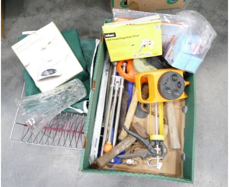 Two boxes of tools, glassware, digital kitchen scale etc 