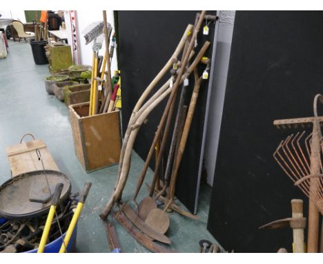 Scythes, peat forks, pick axe etc 