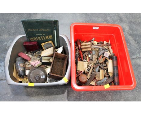 Two boxes of vintage clock and watch parts, empty jewellery boxes, watch straps etc 