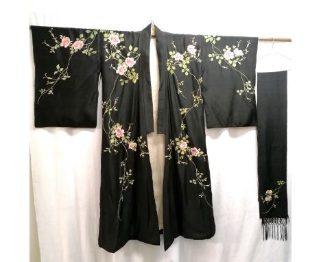 Antique black silk kimono with embroidered floral decoration t/w black silk matching sash, small stains to silk lining otherw