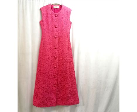 C.1960's Christian Dior magenta silk brocade button through sleeveless long dress, 38" bust and and 32" waist, in good condit