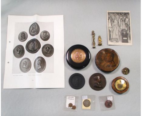 Of Napoleonic interest, a collection of boxes and medallions, including a Leeds Pottery black medallion 57mm diam., a circula
