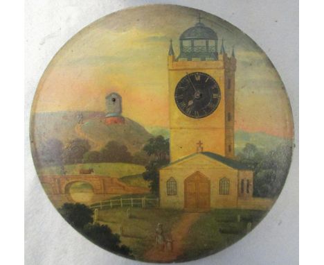 A 19th century drum mahogany cased mantle timepiece, the dial painted with a church in landscape, the clock tower clock being