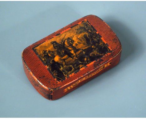 A Mauchlineware snuff box, the lid with The Battle of the Boyne scene, the front 'No surrender!' and the base 'The Glorious M