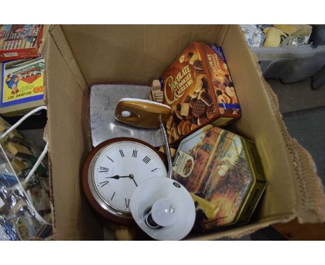 Mixed Lot: Assorted household clearance to include clock, lamp, tins etc