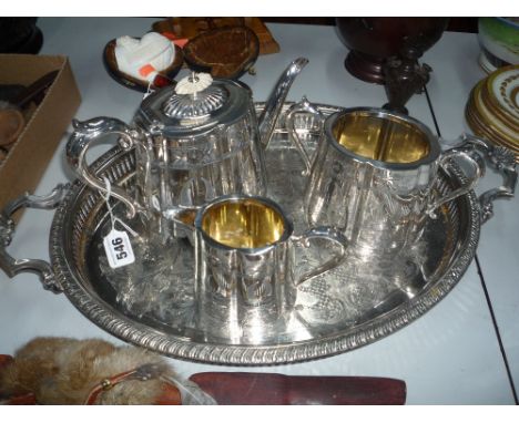 A THREE PIECE EPBM TEA SERVICE, on plated galleried edge tray (4) 