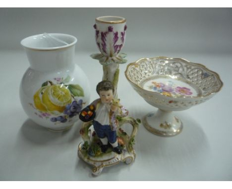 A MEISSEN FRUIT DECORATED VASE, Dresden candlestick and pierced bowl (3) 