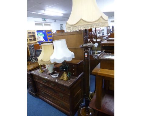 A STANDARD LAMP, with shade and three various table lamps (two with shades) (4) 