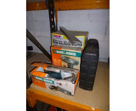 A BOXED CORDLESS HAND DRILL, two other hand tools and a wallpaper stripper (4) 