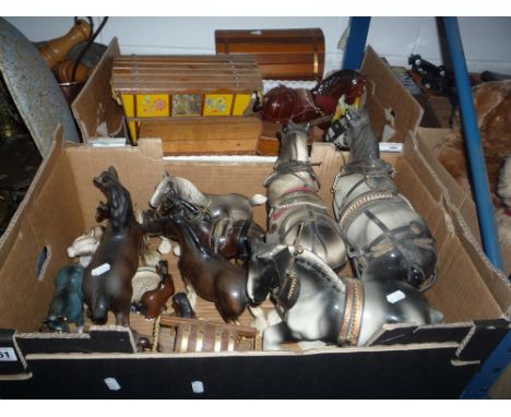 VARIOUS CERAMIC HORSE ORNAMENTS AND CARTS (two boxes) 