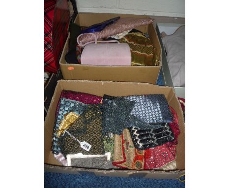 A COLLECTION OF VINTAGE ITEMS, to include evening bags, beaded clothes and feather hats etc 